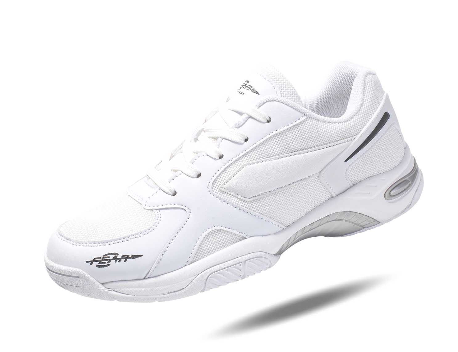 Men's white lace-up walking shoes with side logo and molded heel support
