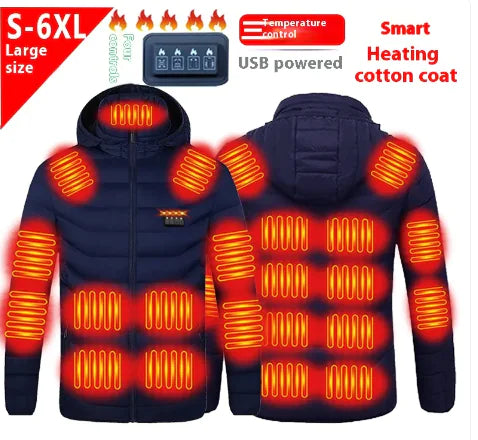 Blue heated cotton-padded jacket, front and back views with glowing heating panels