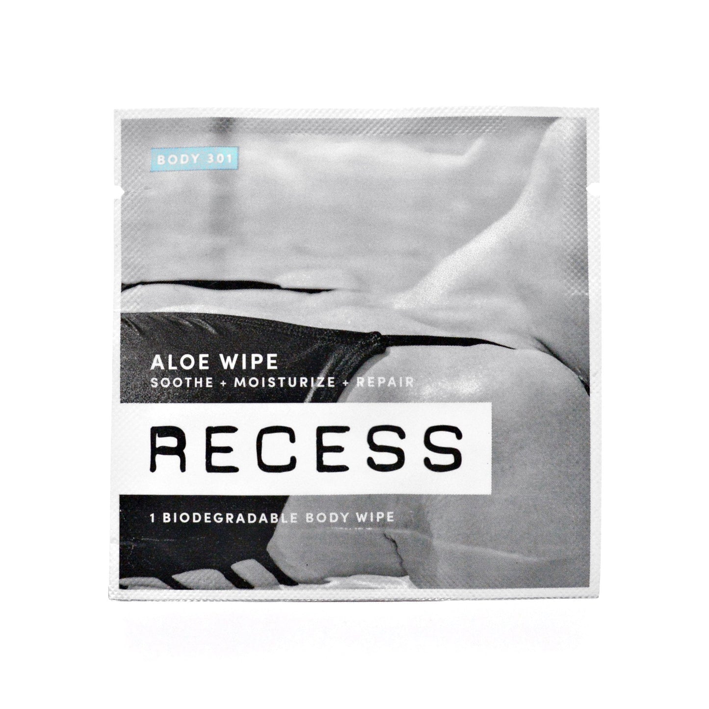 Biodegradable aloe wipe packet with Body 301 label.