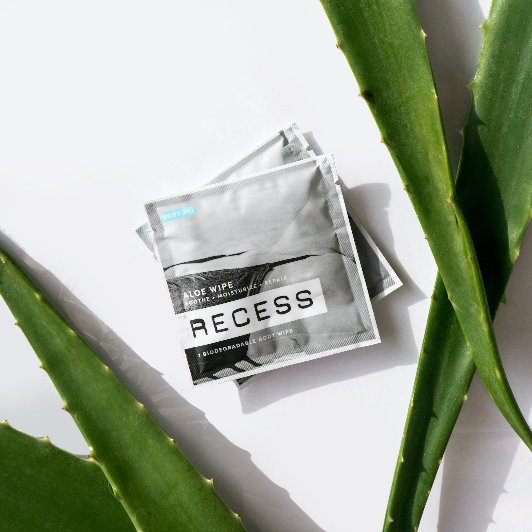 Packages of Recess aloe wipes with aloe vera leaves on a white background