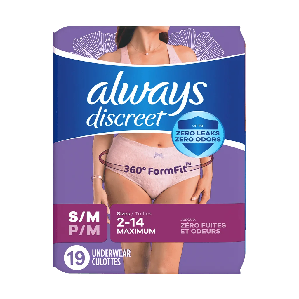 Always Discreet women’s underwear, S/M, light pink brief, pack of 19