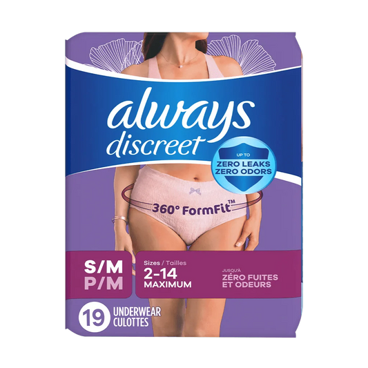 Always Discreet women’s underwear, S/M, light pink brief, pack of 19
