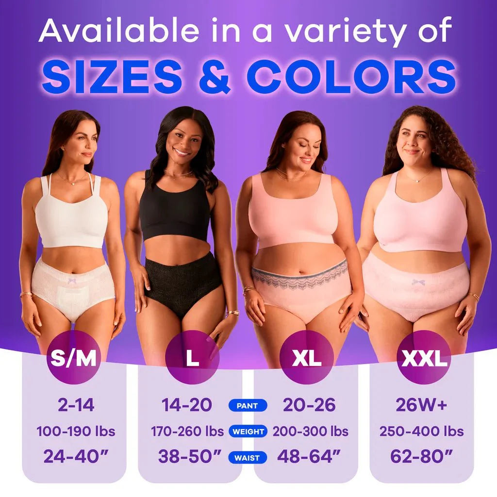 Women’s discreet underwear variety: S/M, L, XL, XXL briefs in light pink and black