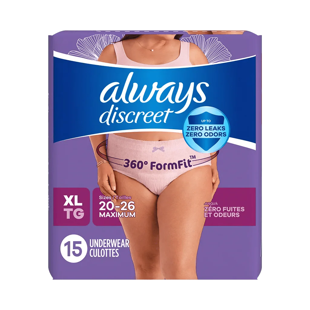 Always Discreet women’s underwear, XL, light pink brief, pack of 15