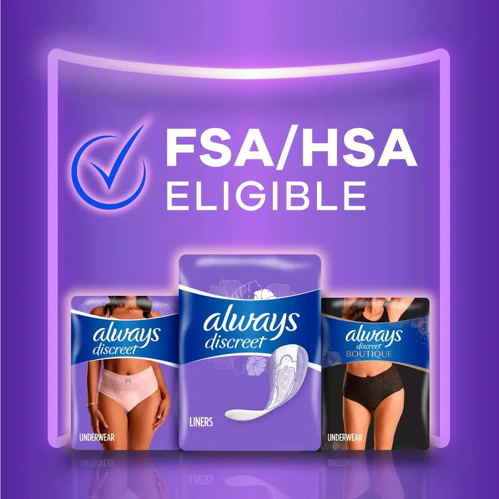 Three pack lineup graphic for eligible Always Discreet liners and pads