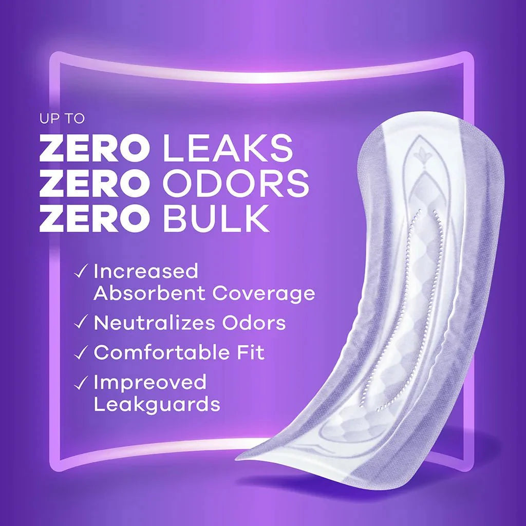 Moderate Long pad illustration with zero leaks and zero odors benefits