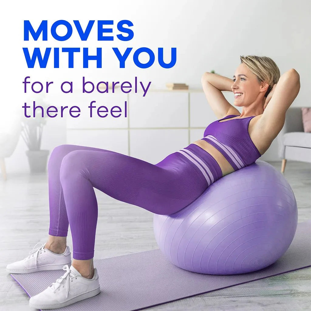 Absorbent pad shown with “moves with you” comfort graphic