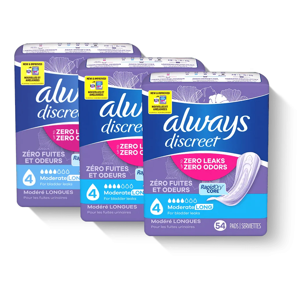 Assorted Always Discreet Moderate Long 4-drop pads packs, 54 per pack