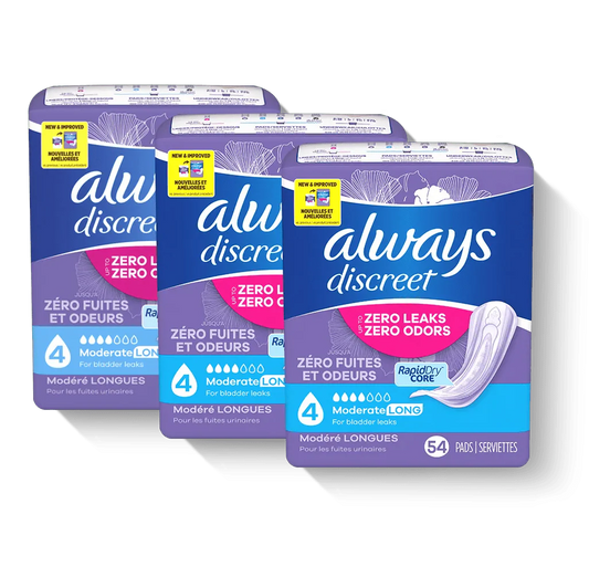 Assorted Always Discreet Moderate Long 4-drop pads packs, 54 per pack