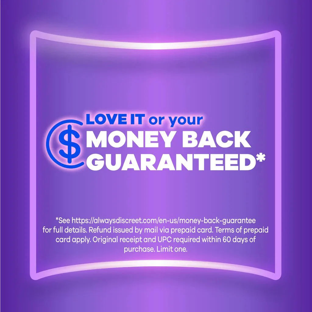 Money-back guarantee graphic for Always Discreet pads
