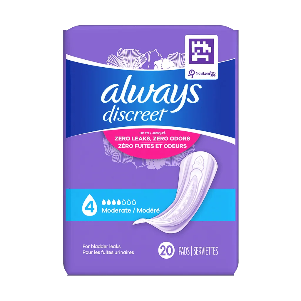 Always Discreet Moderate pads, 4-drops, pack with 20 pads/serviettes