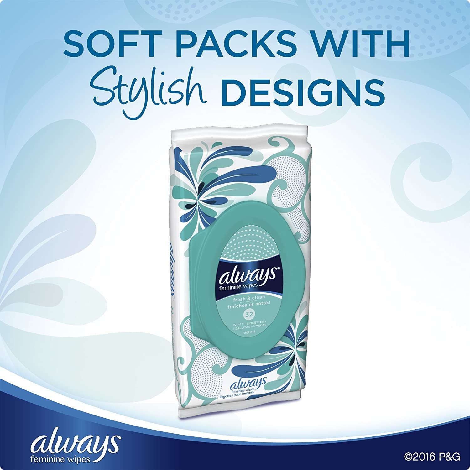 Feminine wipes soft pack with floral teal/blue design; “Soft packs with stylish designs”