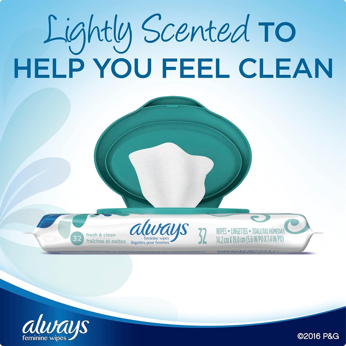 Feminine wipes package panel with “Lightly Scented” and tub/tissue image