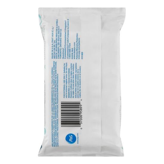 Feminine wipes soft pack back panel with barcode and product info; white pouch