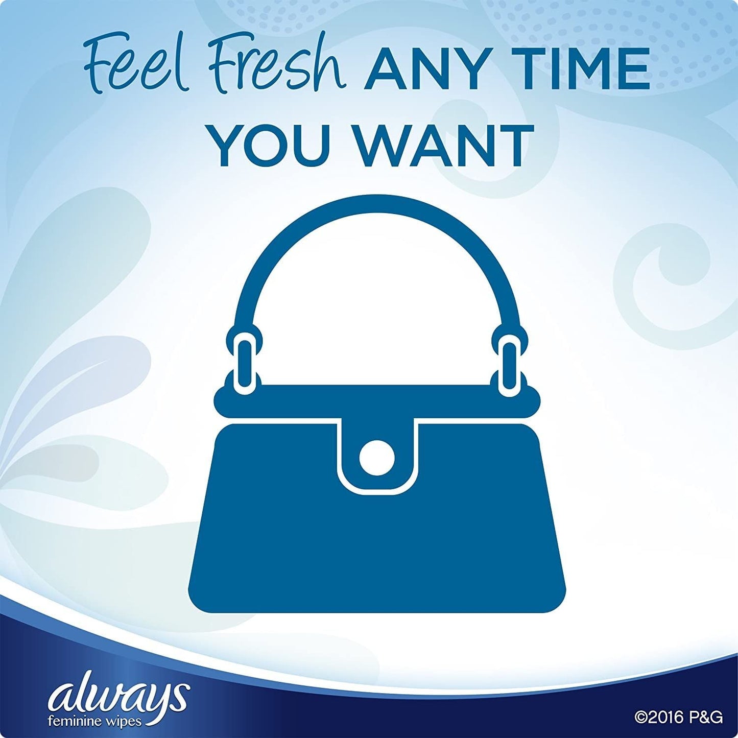 Feminine wipes package panel with bag icon and text “Feel fresh any time you want”