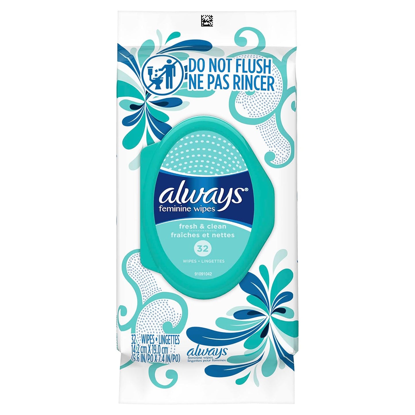 Feminine wipes soft pack, Fresh & Clean, 32 wipes; white with teal oval label