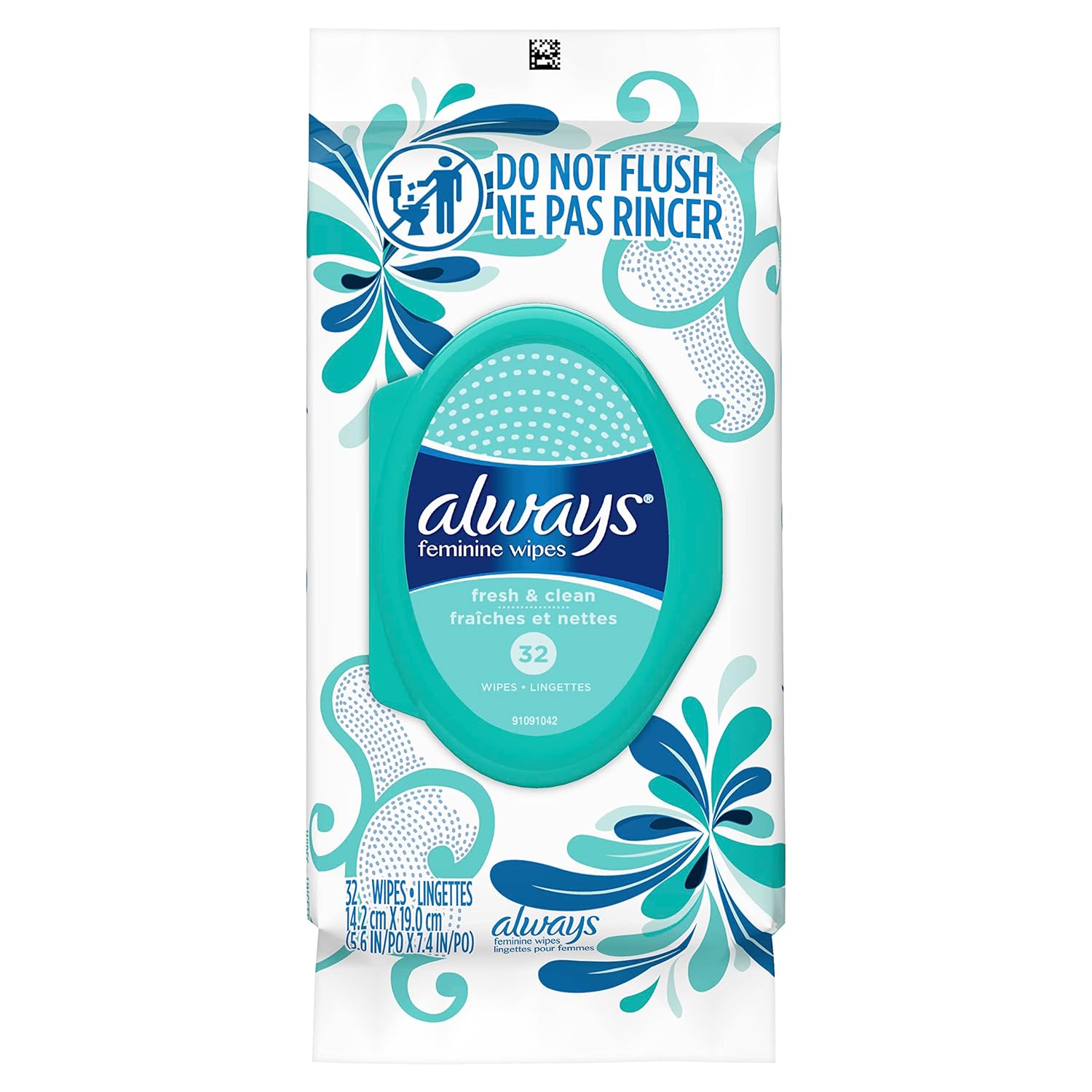 Feminine wipes soft pack, Fresh & Clean, 32 wipes; white with teal oval label