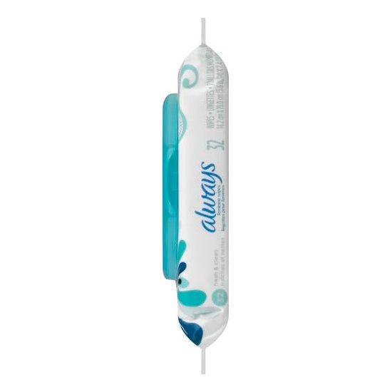 Feminine wipes soft pack, Fresh & Clean; teal inner panel on white pouch