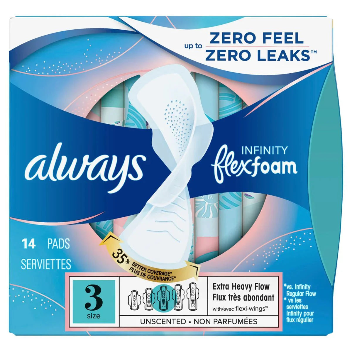 Size 3 extra heavy flow pads with wings, unscented, pack of 14 (Always Infinity)