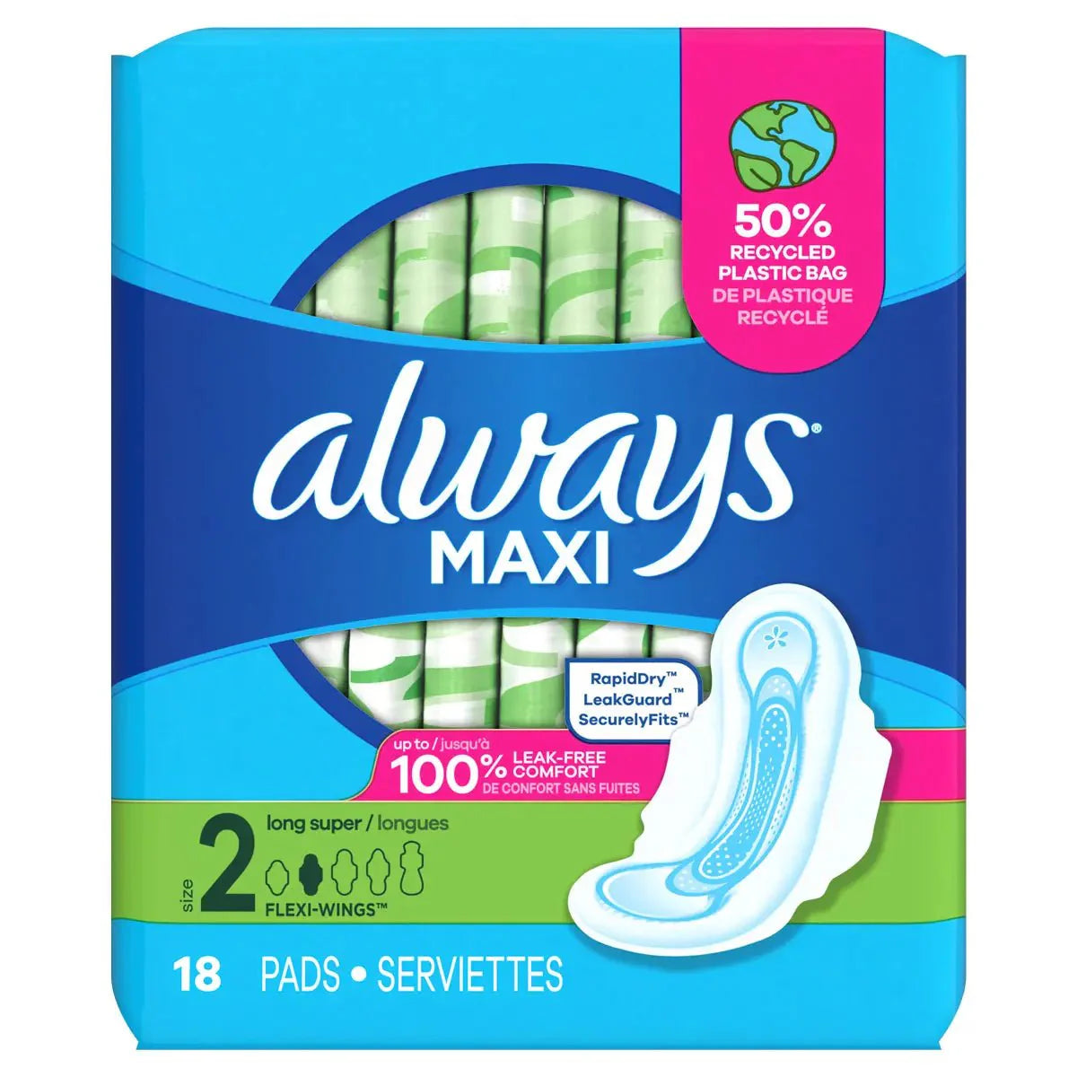 Always Maxi long super pads with wings, unscented; size 2, 18 pads pack