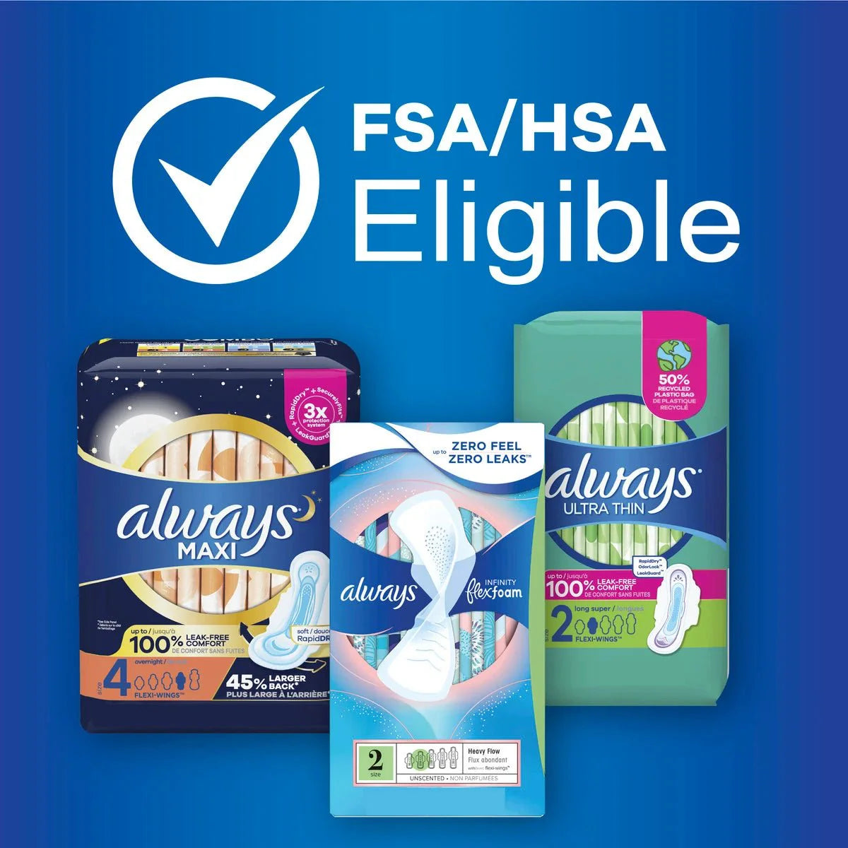 Assorted Always pad packages on a blue background
