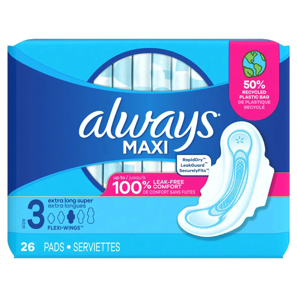 Always Maxi size 3 extra-long super pads with wings, unscented, 26 count package