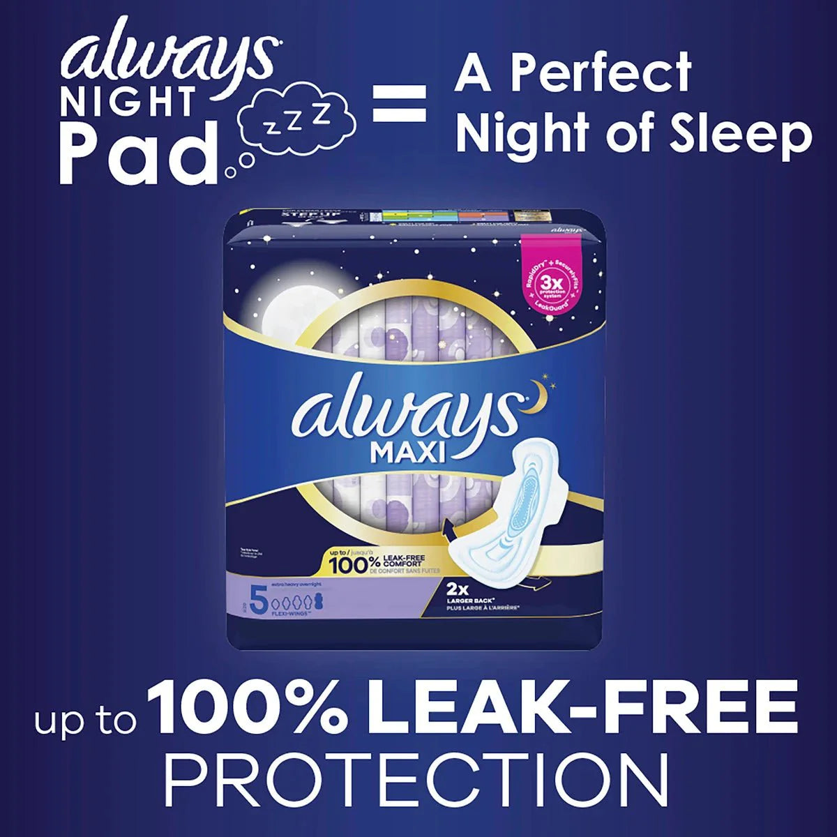 Always Maxi night pads in size 5 extra heavy overnight, unscented, with wings