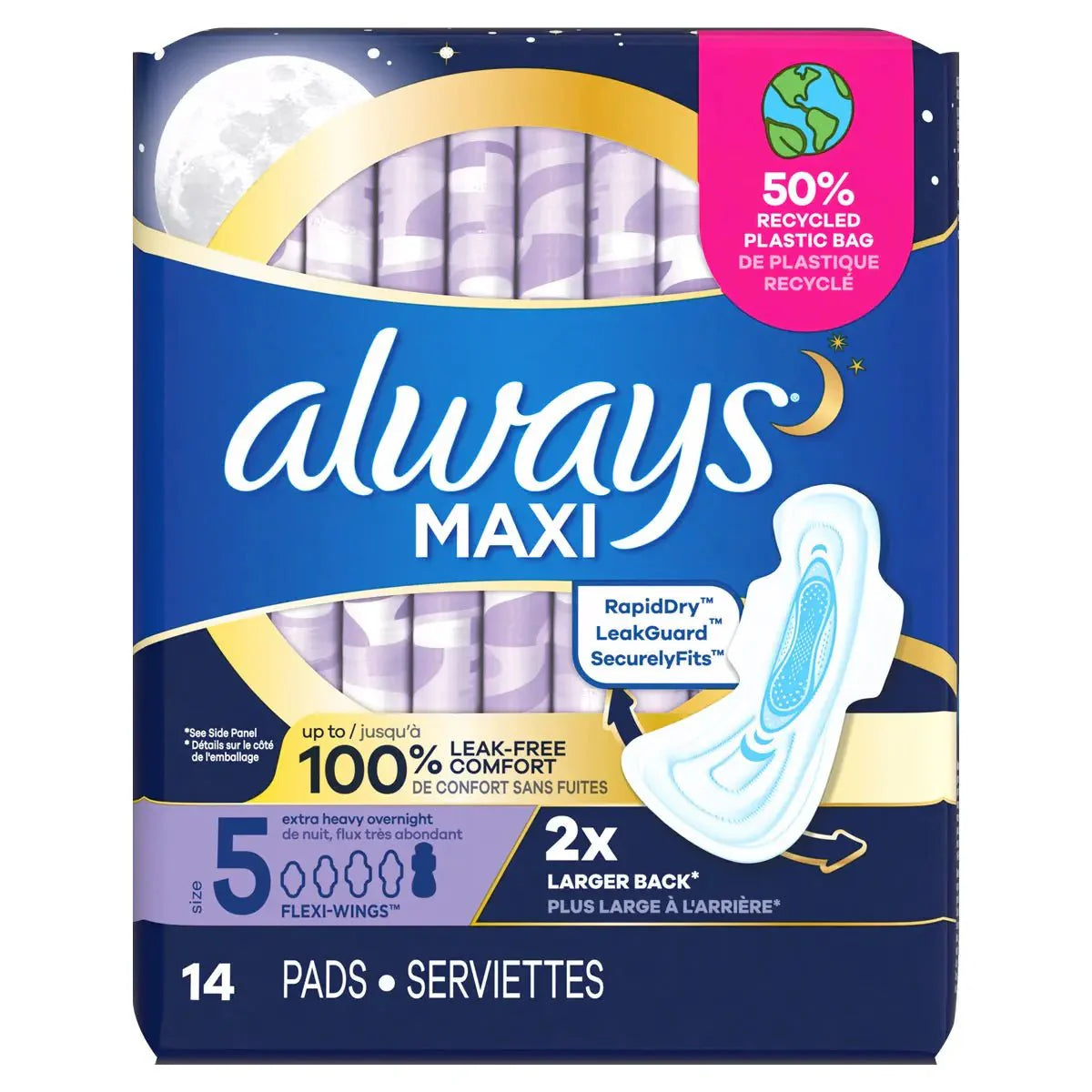 Always Maxi size 5 extra heavy overnight pads, wings, unscented, 14 count