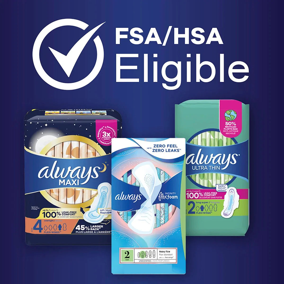 FSA/HSA Eligible Always Maxi pads set, including size 5 extra heavy overnight