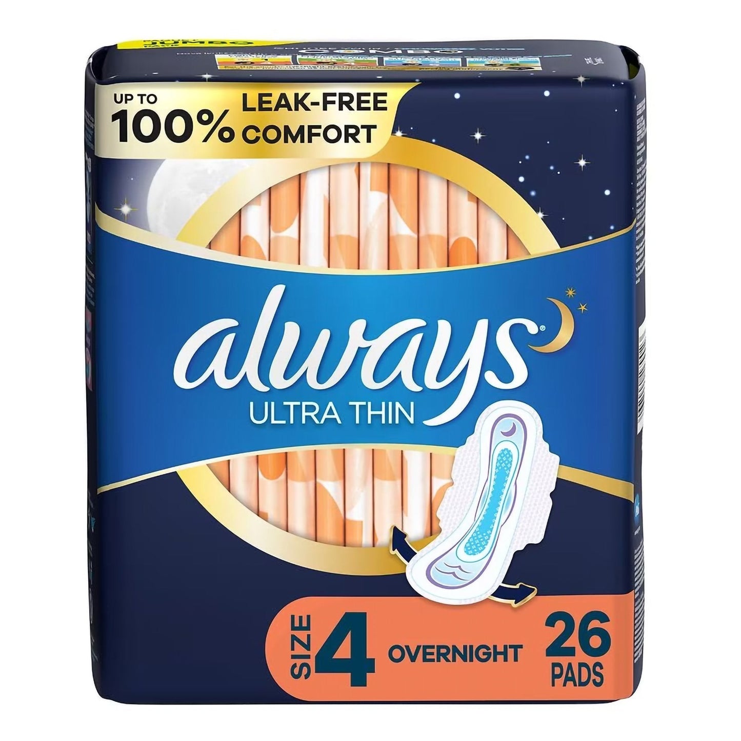 Size 4 overnight ultra thin pads with wings, unscented, 26-count pack