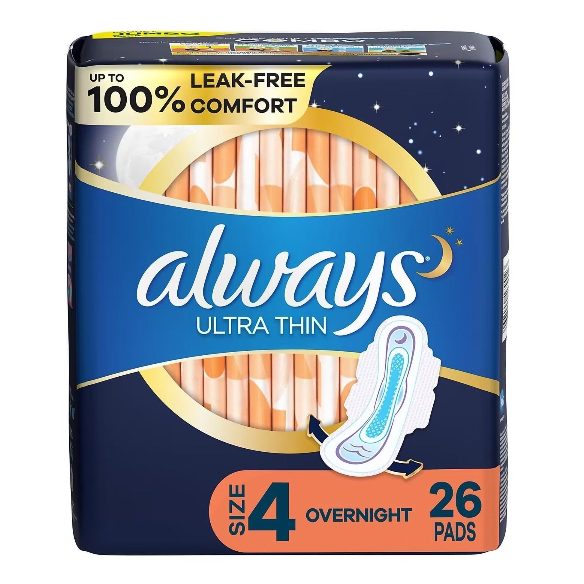 Size 4 overnight ultra thin pads with wings, unscented, 26-count pack