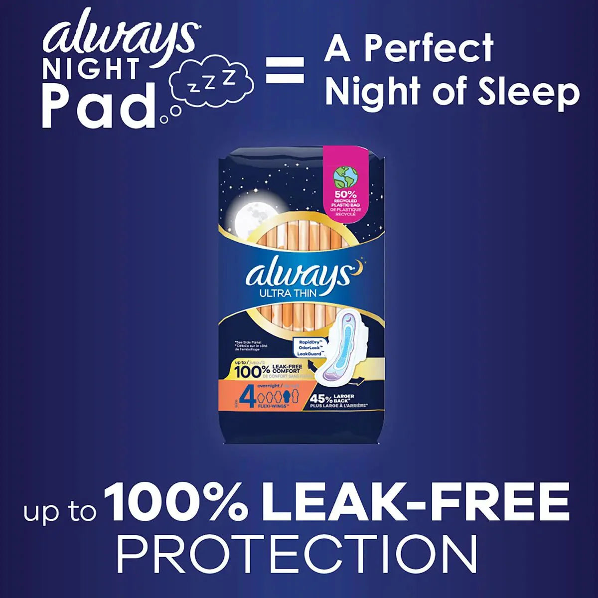 Always Night pad box for overnight ultra thin pads, size 4, 100% leak-free protection