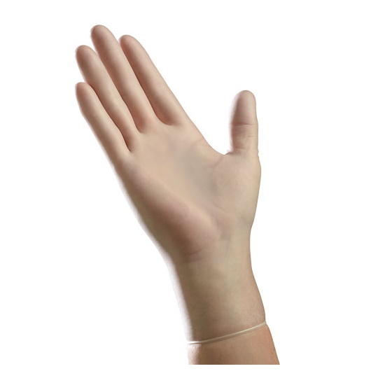 Clear vinyl exam glove, powder-free on hand