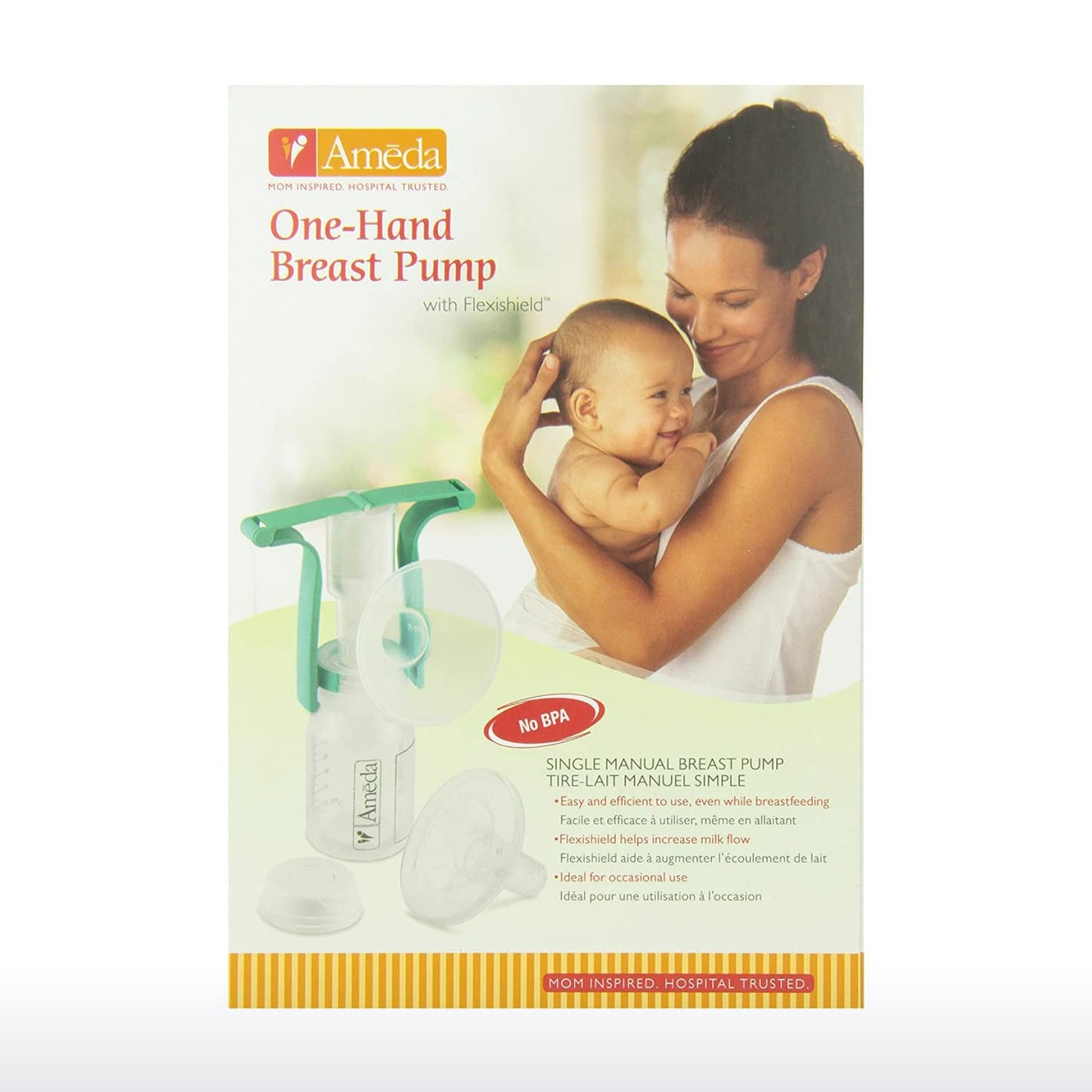 Breast pump product box showing one-hand manual pump and flexi shield