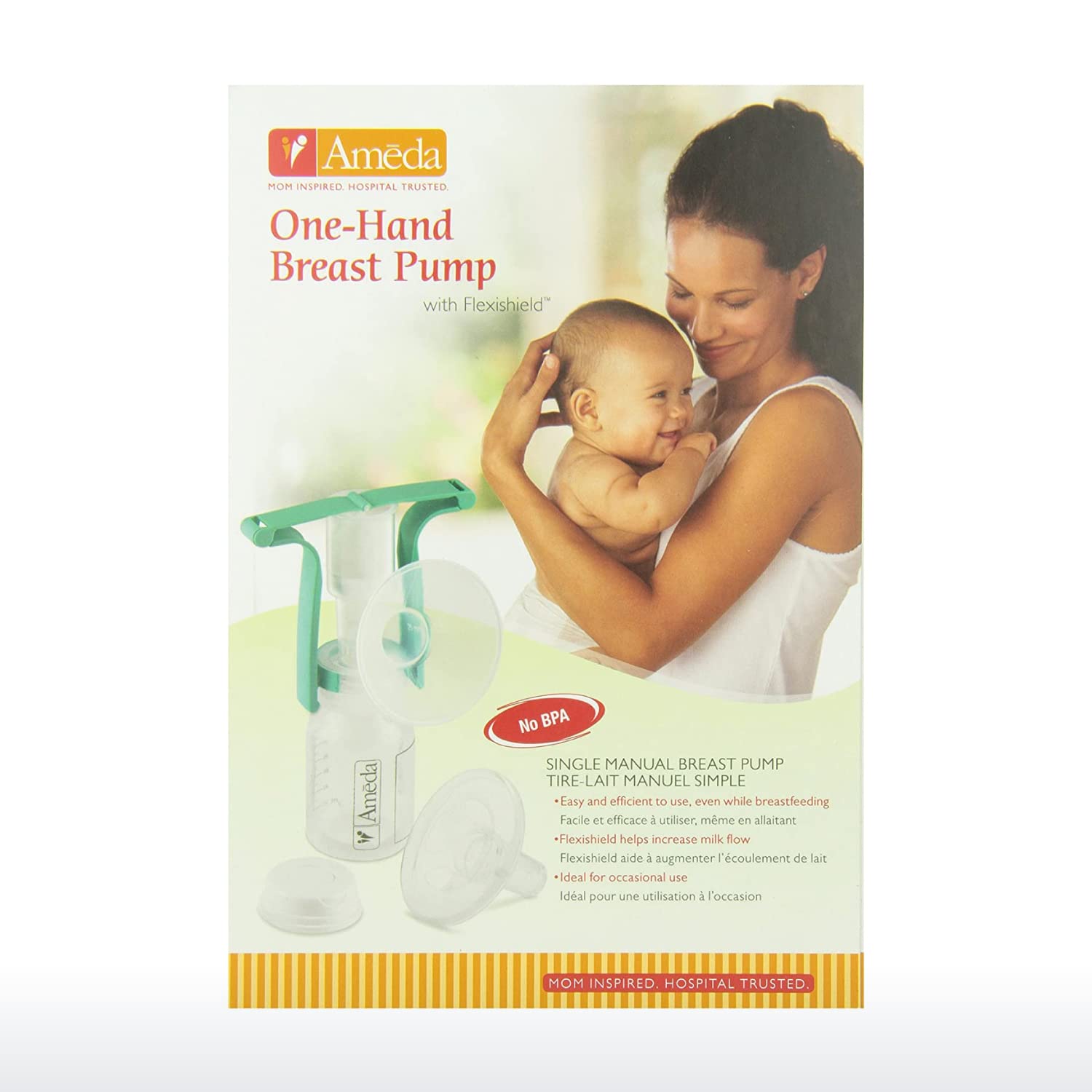 Breast pump product box showing one-hand manual pump and flexi shield