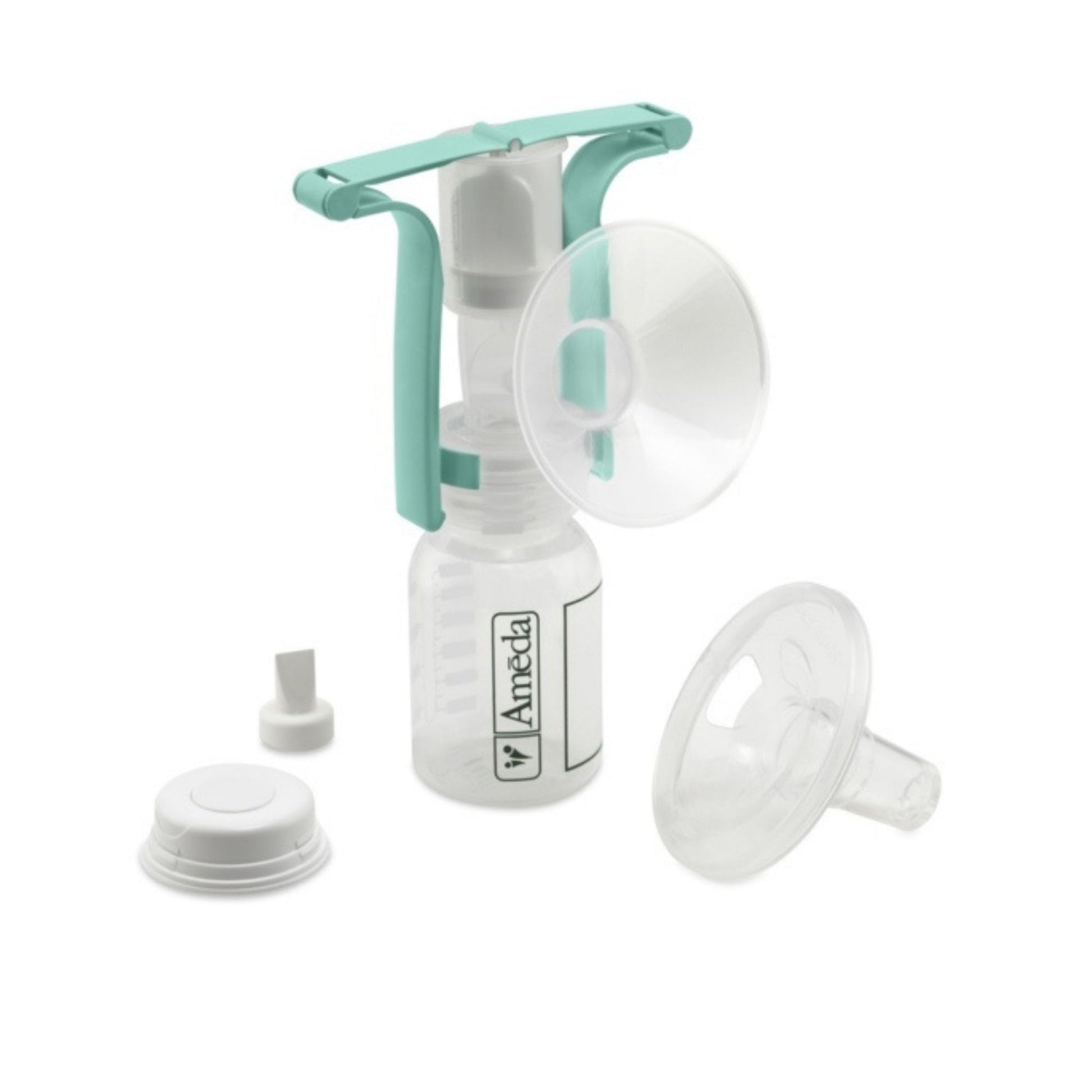 Manual breast pump with teal handle, white pump bottle, and breast shield
