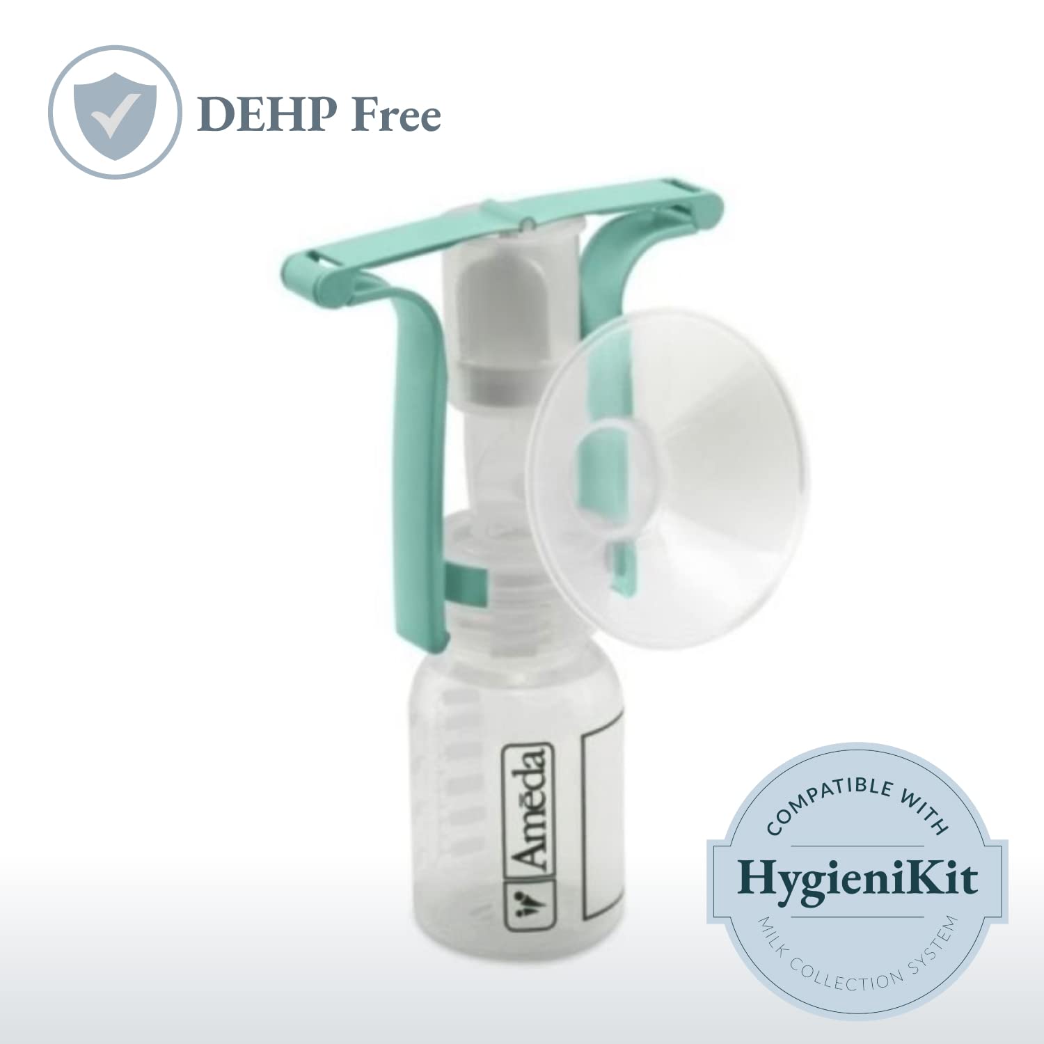 Teal and white manual breast pump with flange and bottle; HygieniKit compatible