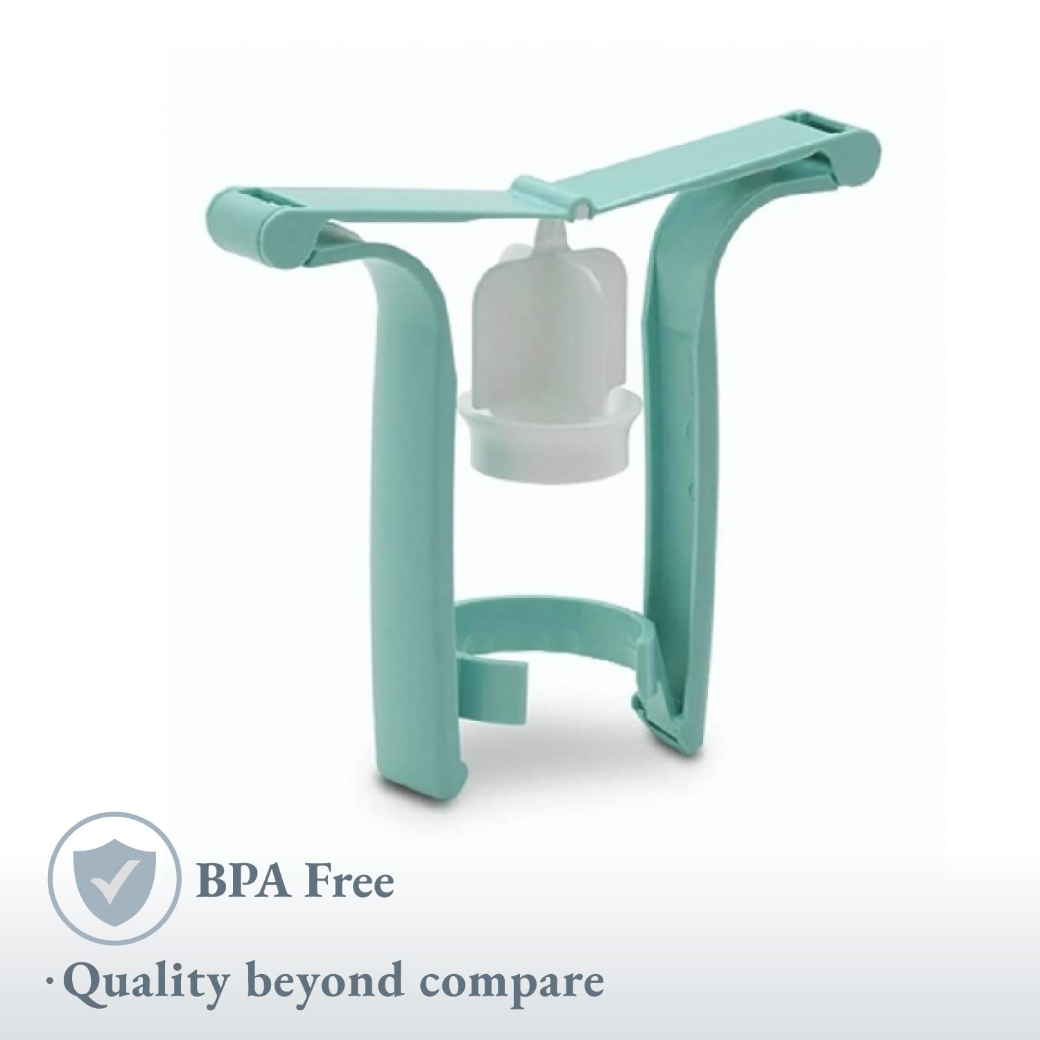 Manual breast pump with teal handle and white pump container