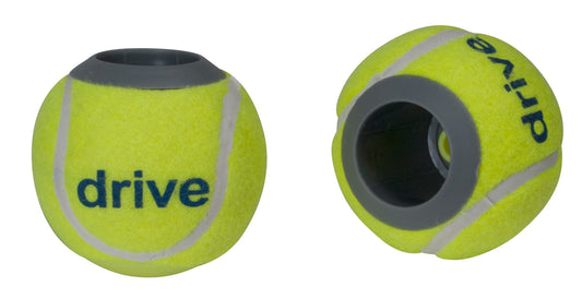 Pair of yellow tennis ball walker glides with gray rubber bases for rear legs