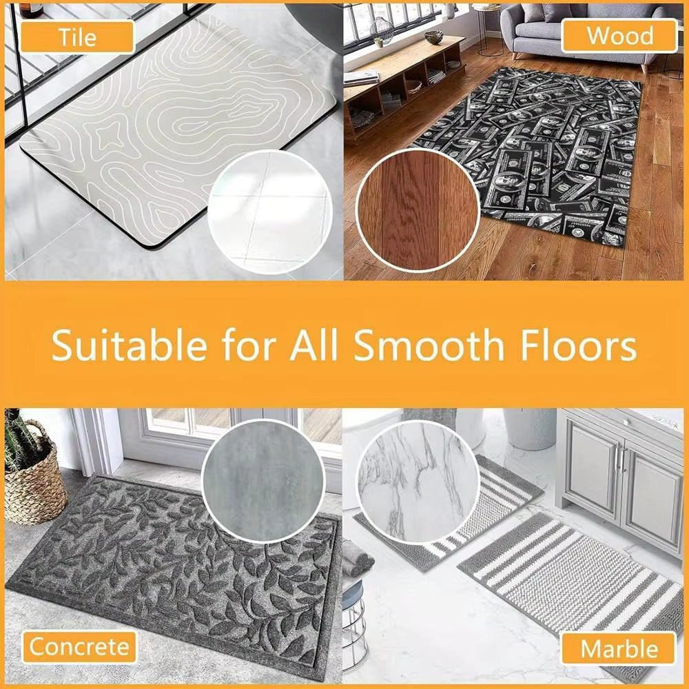 Flat anti-slip rug grips with black adhesive pads for securing rug corners