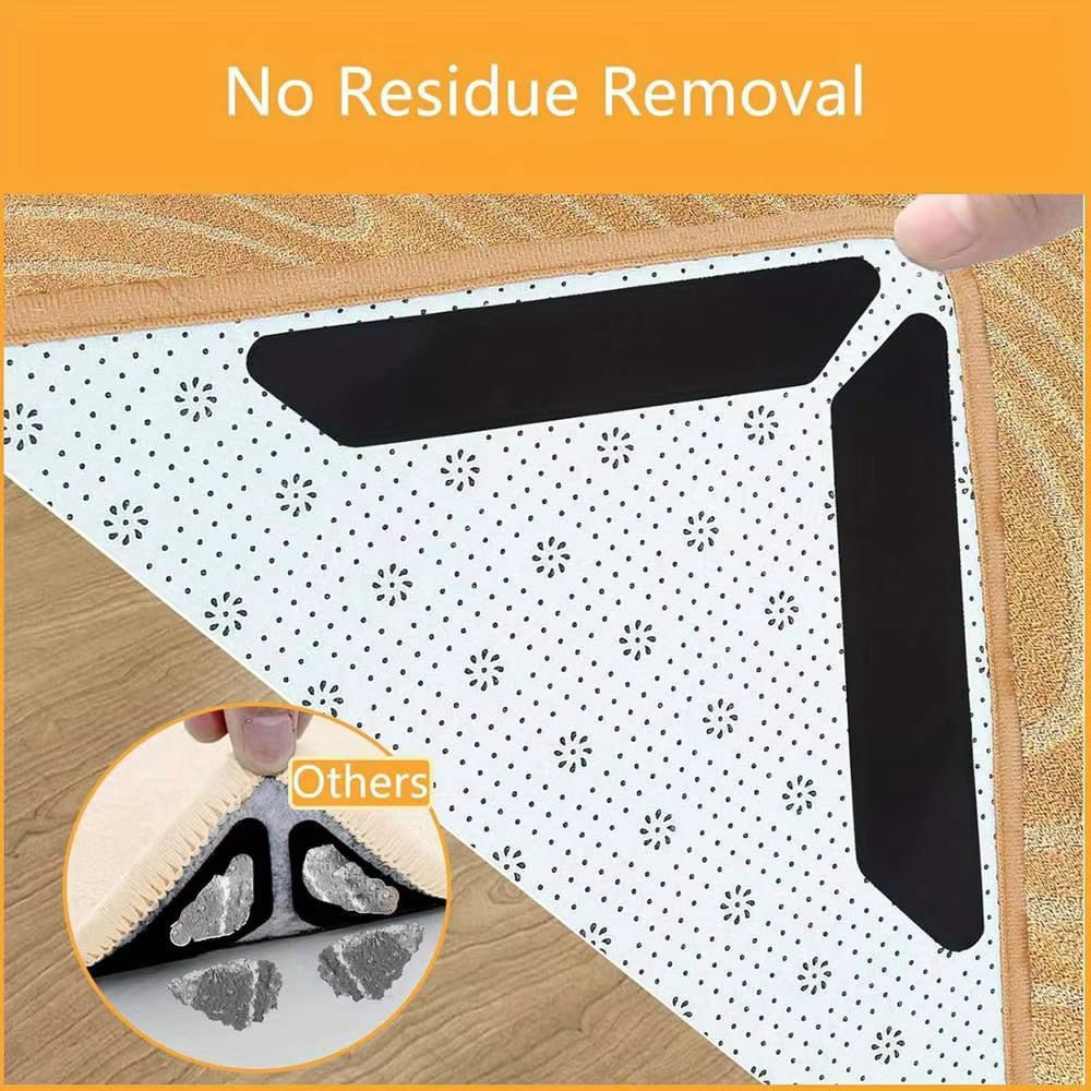 Anti-slip rug grip adhesive on rug corner; white dotted backing with black strip