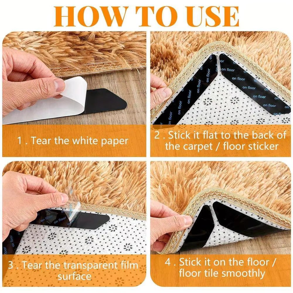 Anti-slip rug grips installation: peel backing, press flat adhesive tabs onto rug