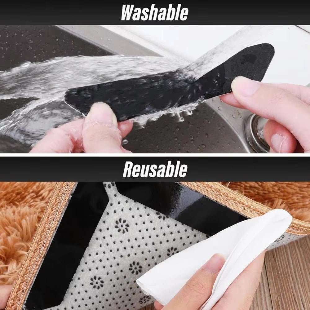 Reusable anti-slip rug grips: hands peel white backing from black adhesive strip