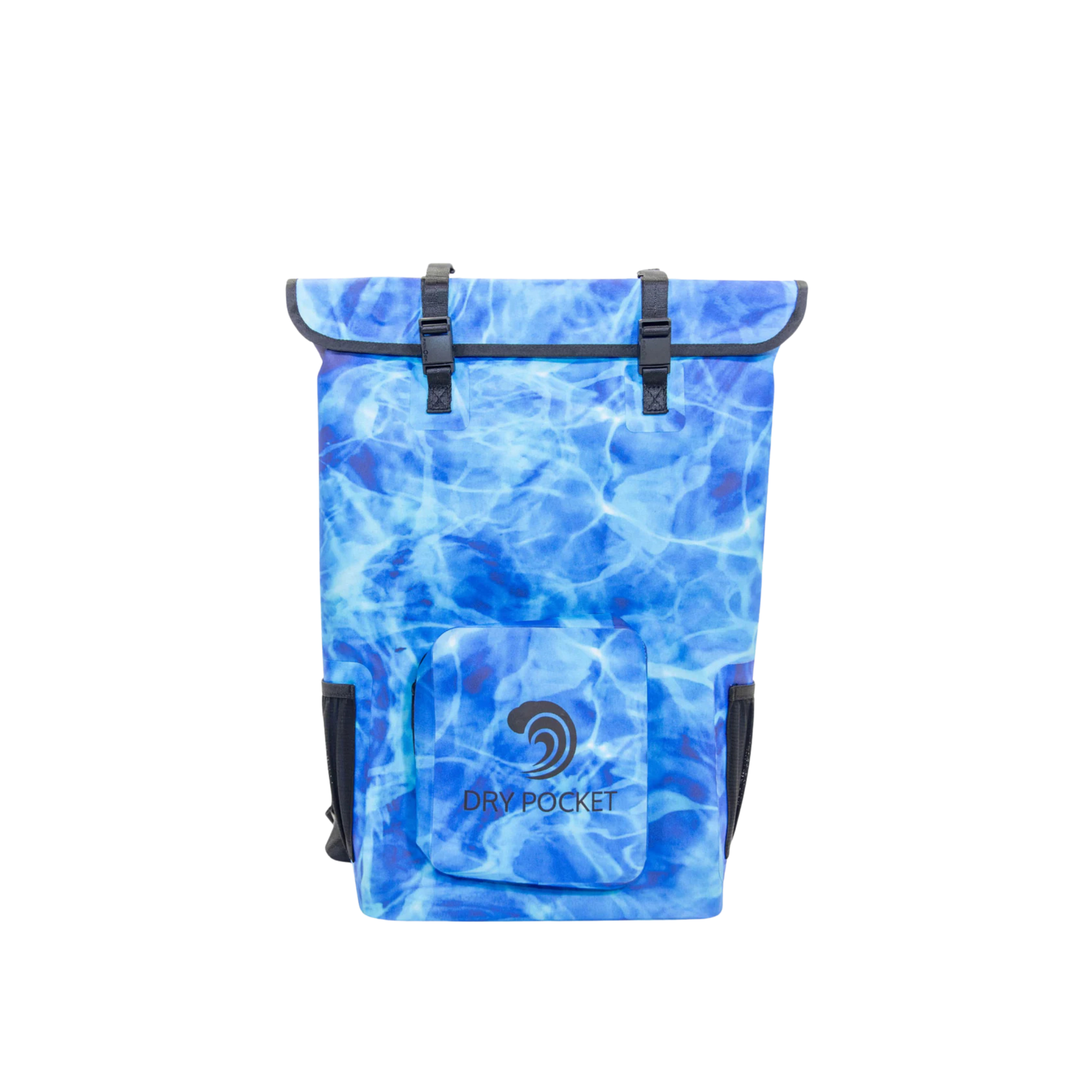 Waterproof floating cooler backpack, blue with black straps and front dry pocket pouch