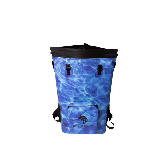 Waterproof floating cooler backpack, blue with black top straps and back carry webbing