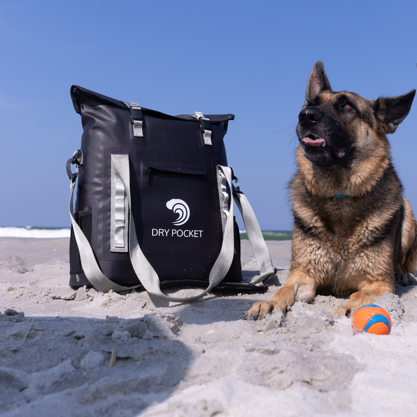 Waterproof floating tote cooler, dark gray with white straps and DRY POCKET front pocket