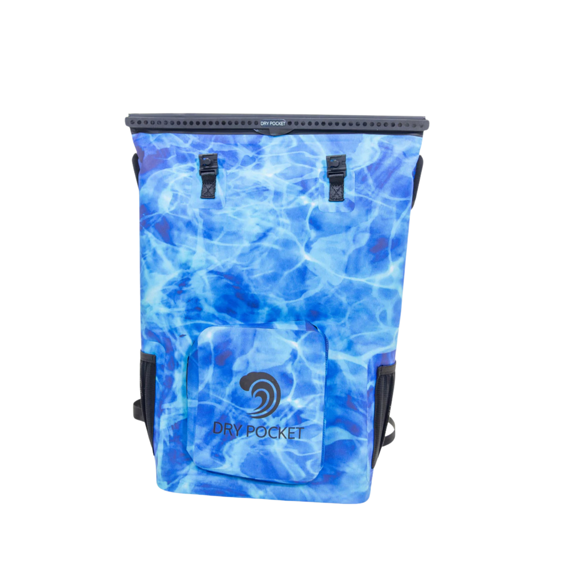 Waterproof floating cooler backpack, blue with black top handle clips and front dry pocket
