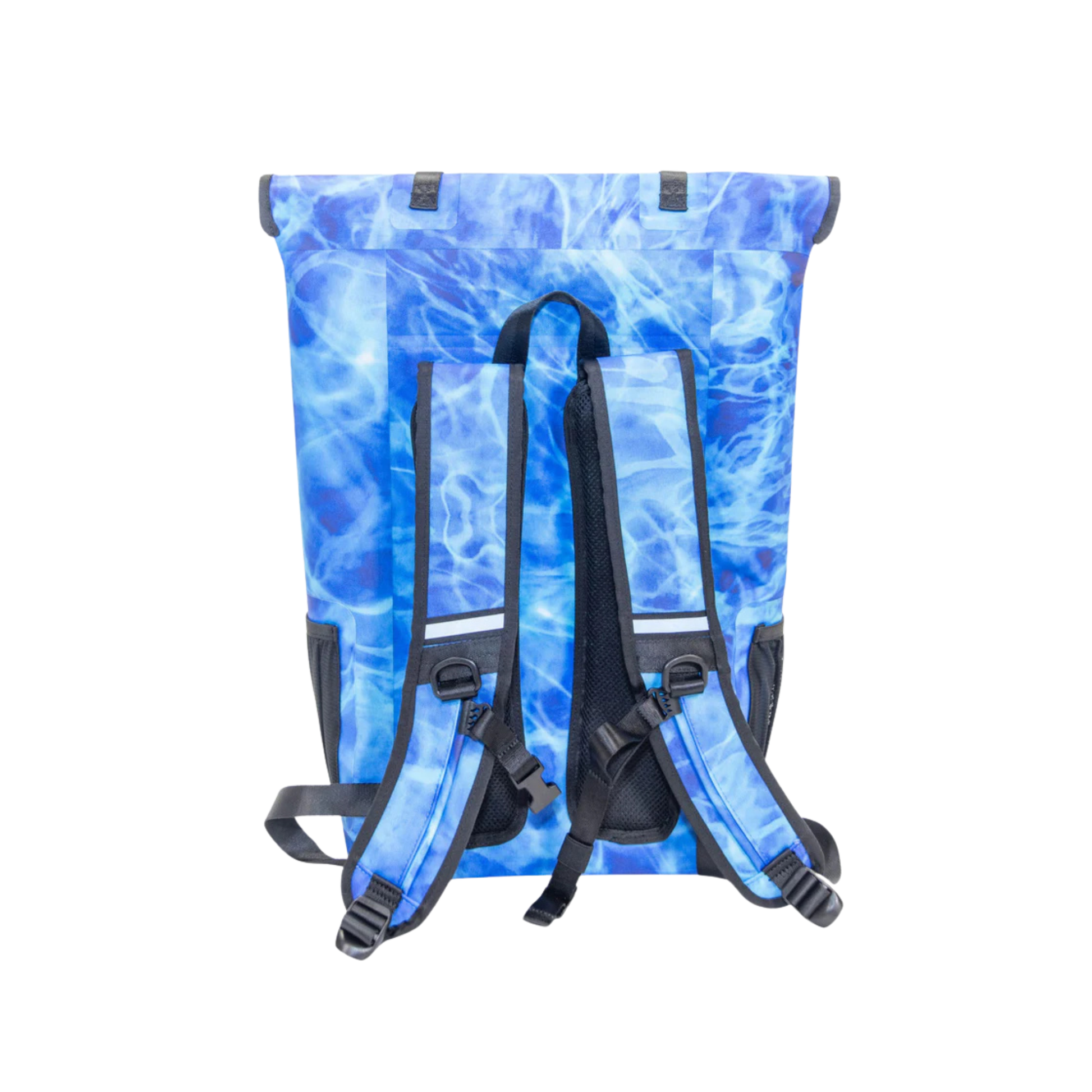 Waterproof floating cooler backpack, blue with black harness straps and back carry webbing