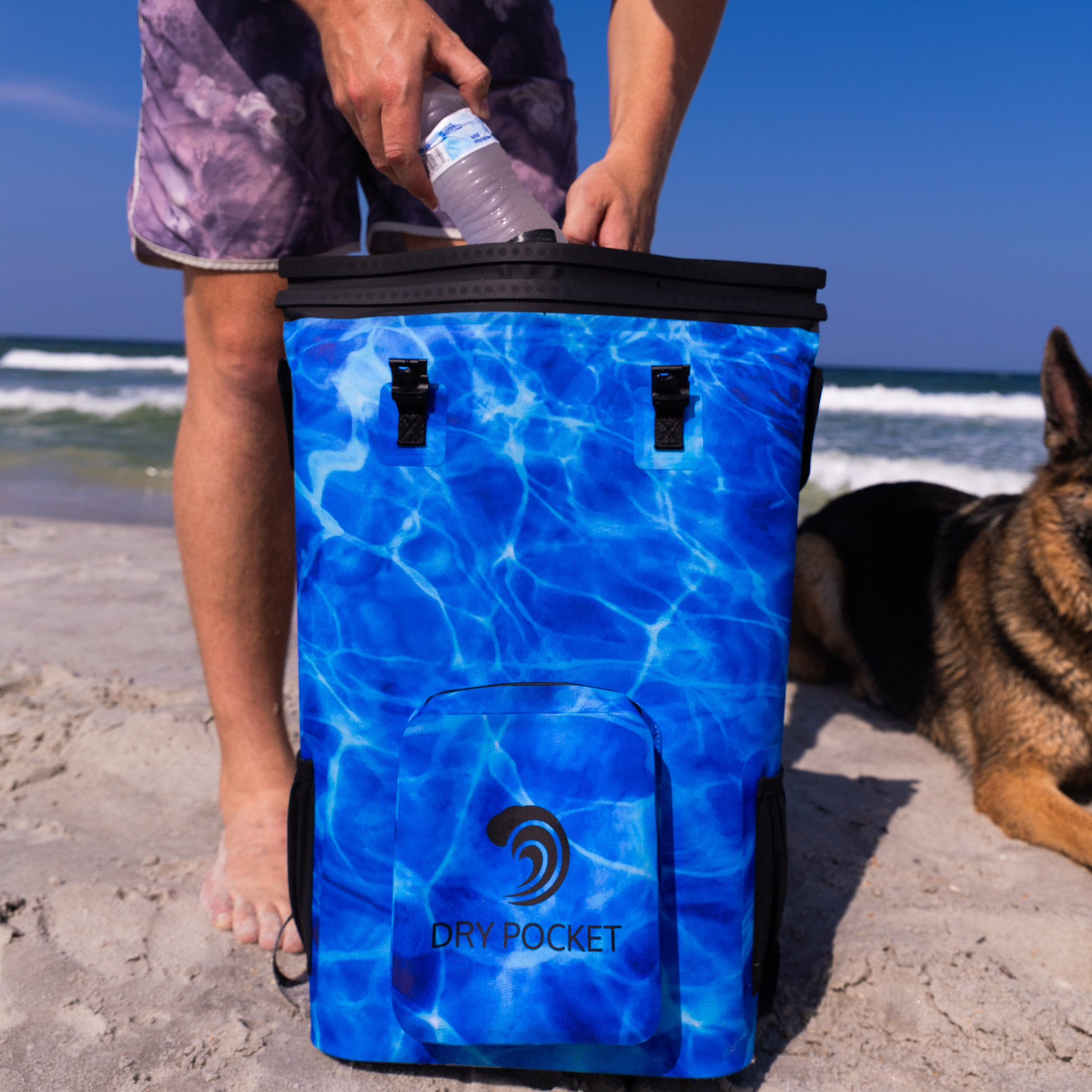 Waterproof floating cooler backpack, blue waterproof bag with dry pocket front and top clamp