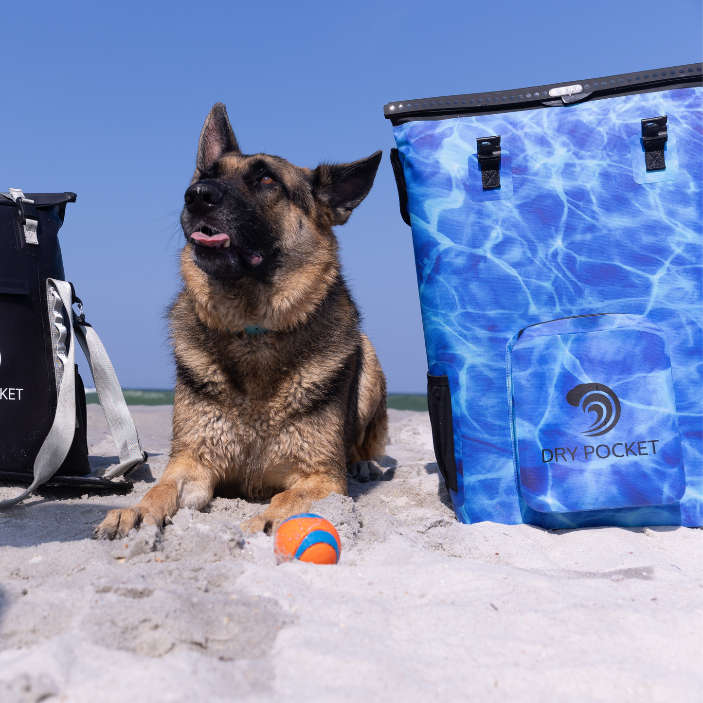 Waterproof floating cooler backpack, blue with dry pocket front and black reinforced top edge